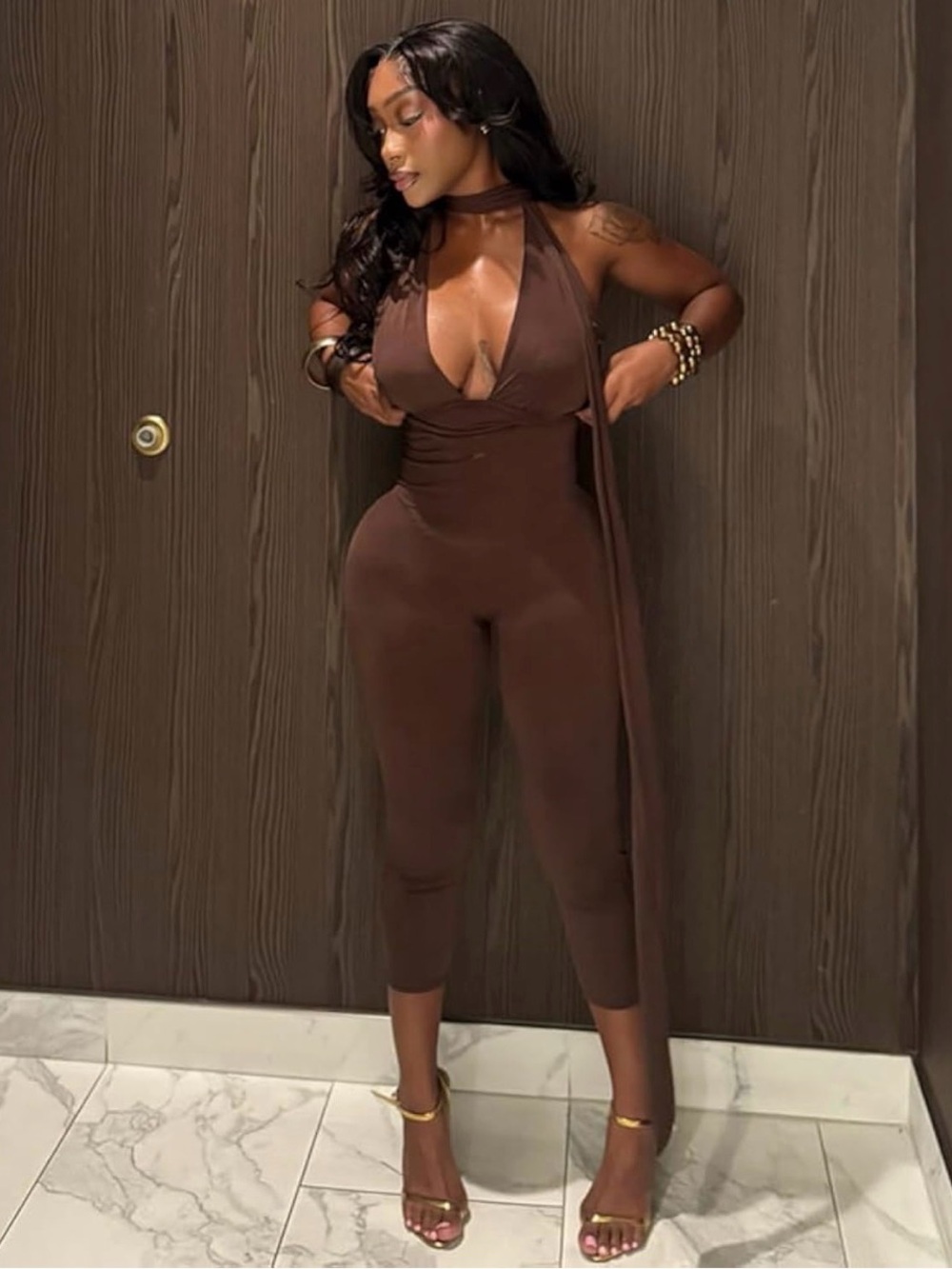 Sleeveless Halter Brown Jumpsuit
